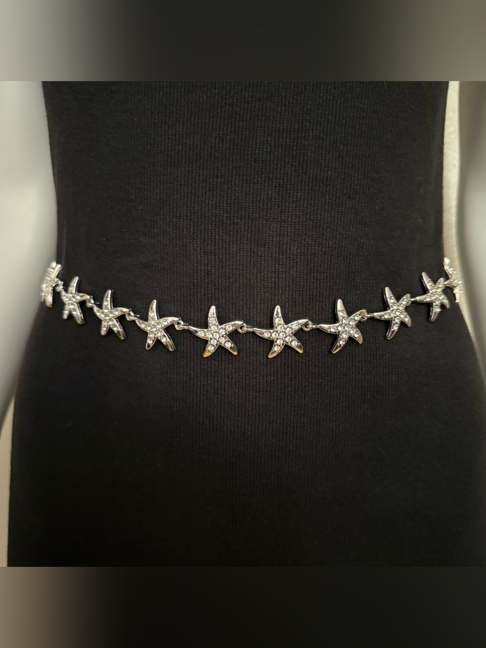 Silver tone starfish with rhinestone details chain belt